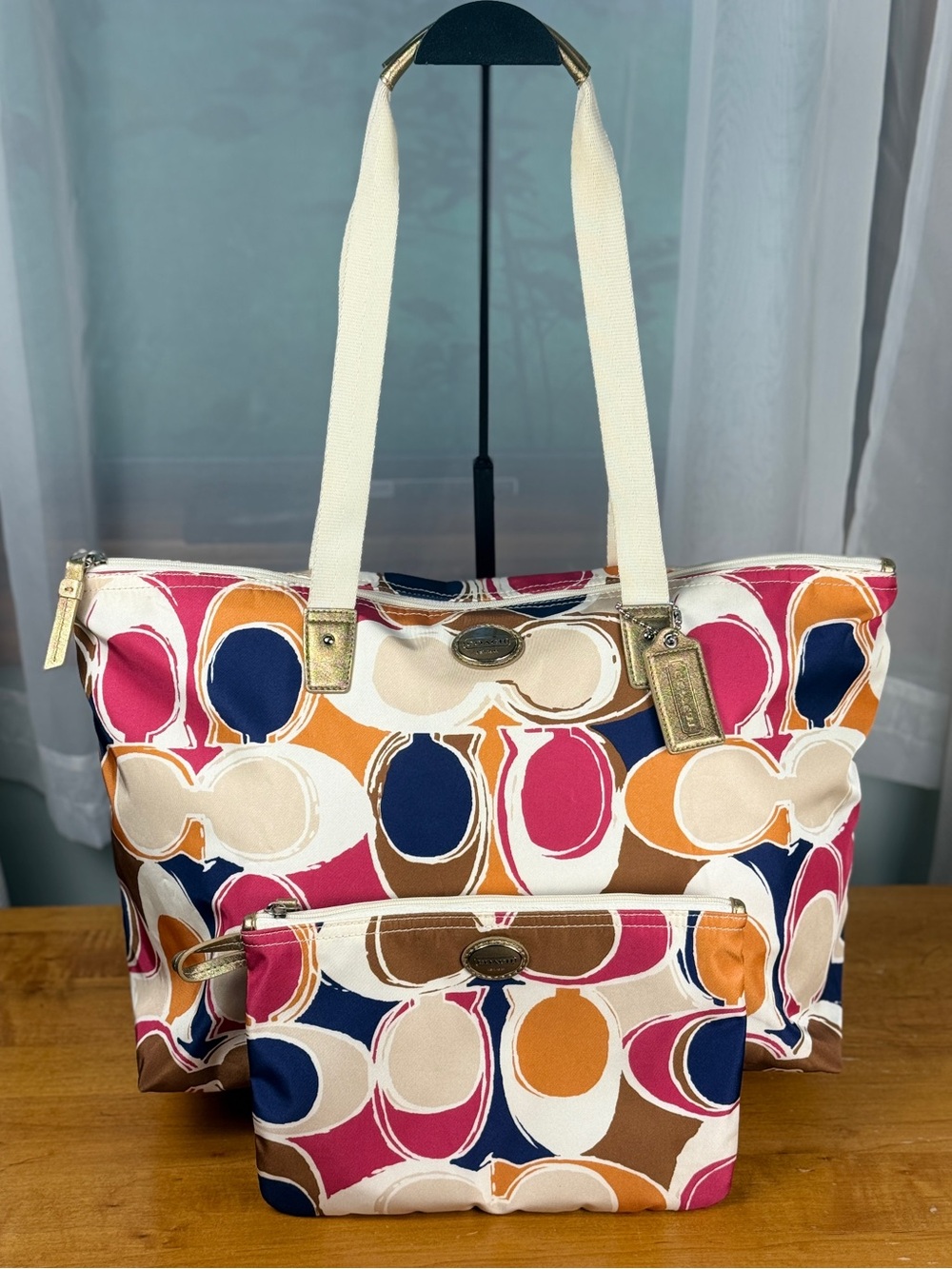 Coach Hamptons Weekend Signature Scribble Nylon Tote Travel Bag with Pouch EUC